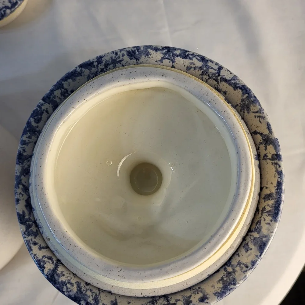 Set of 3 Country Blue Hearts Sponge Stoneware Canister Set Cottagecore